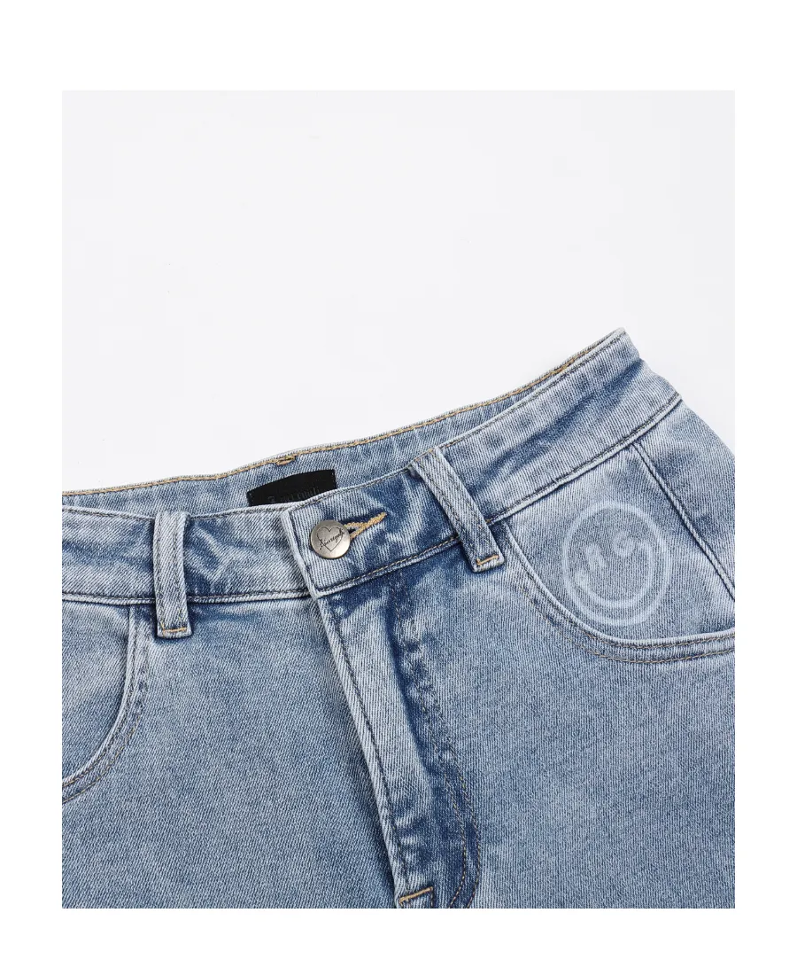 Straight Jeans With Smiley Face And Crimped Rim