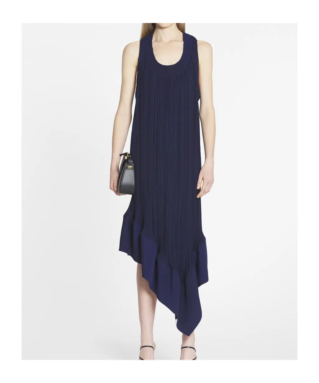 Asymmetric Hem Pleated Midi Dress