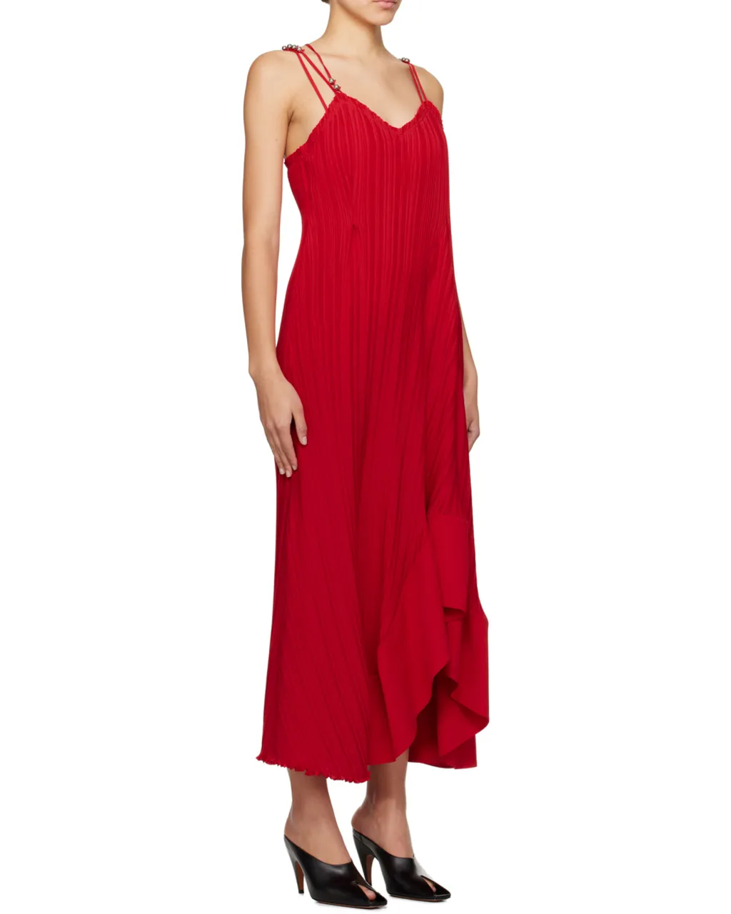 Pleated Asymmetric-Hem Sleeveless Midi Dress