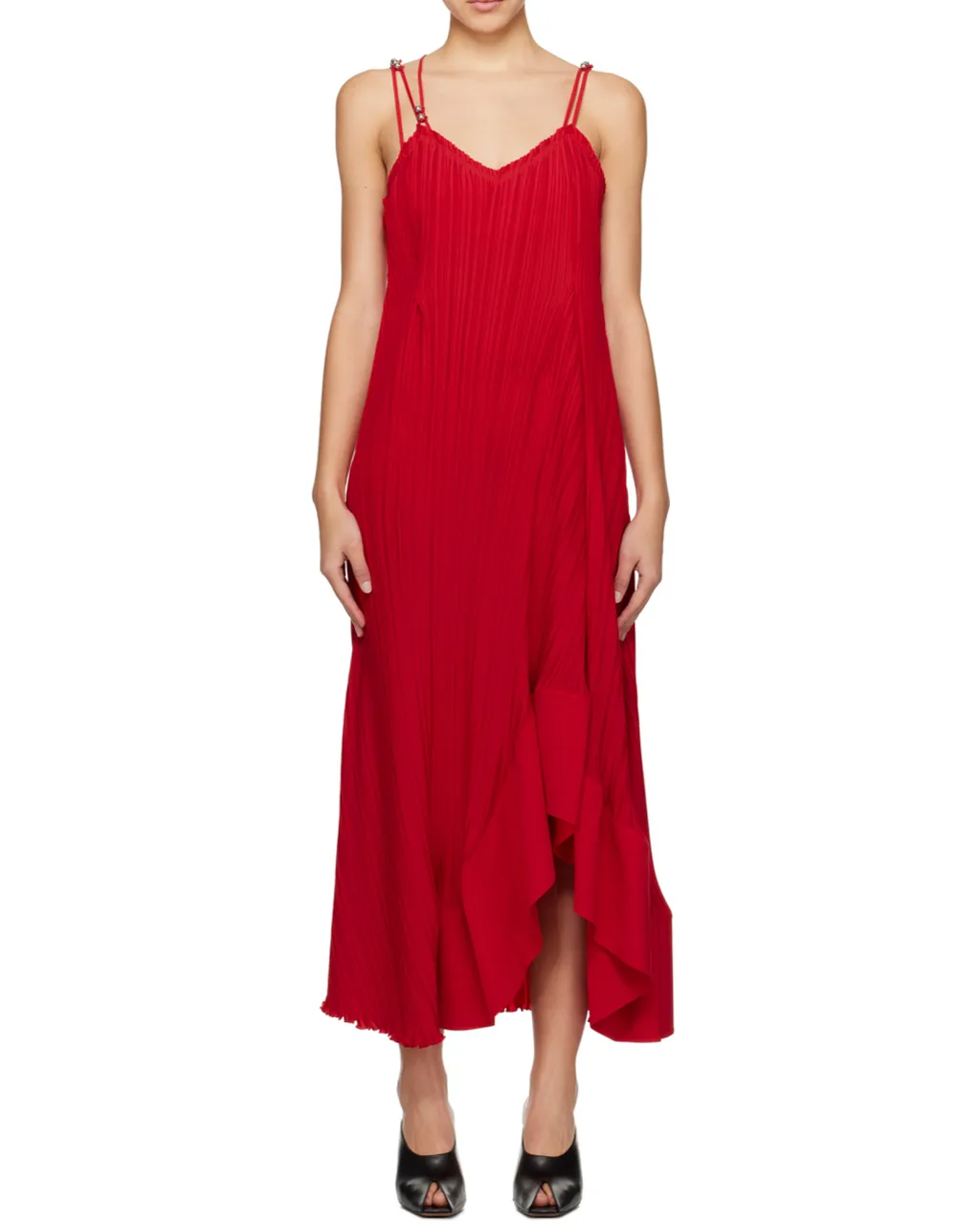 Pleated Asymmetric-Hem Sleeveless Midi Dress