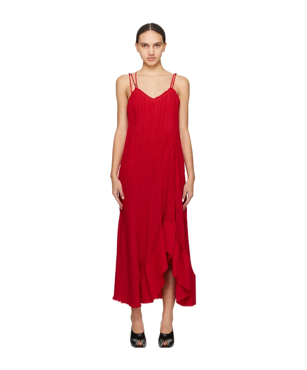 Pleated Asymmetric-Hem Sleeveless Midi Dress