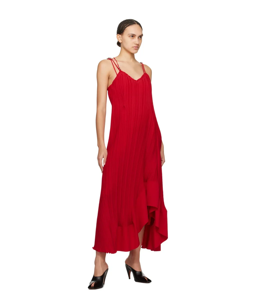 Pleated Asymmetric-Hem Sleeveless Midi Dress