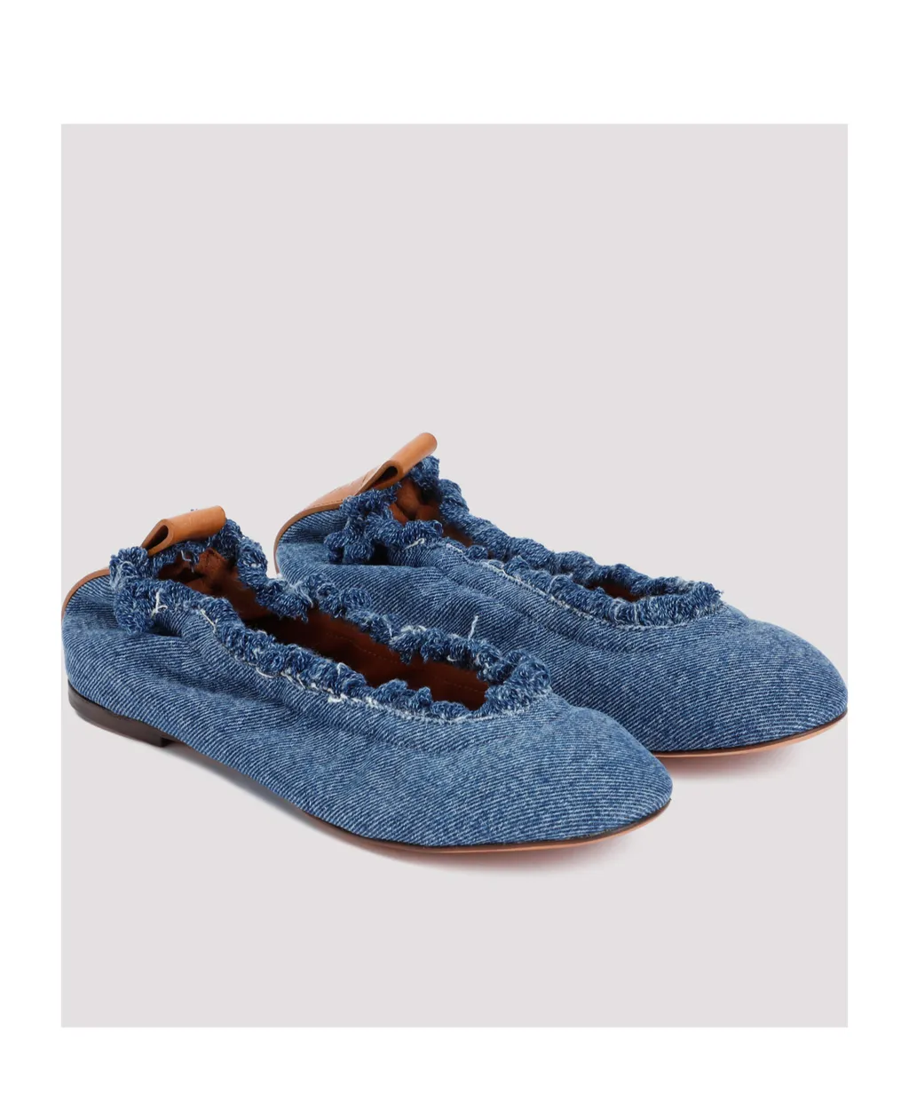 Frayed Detail Denim Flat Shoes