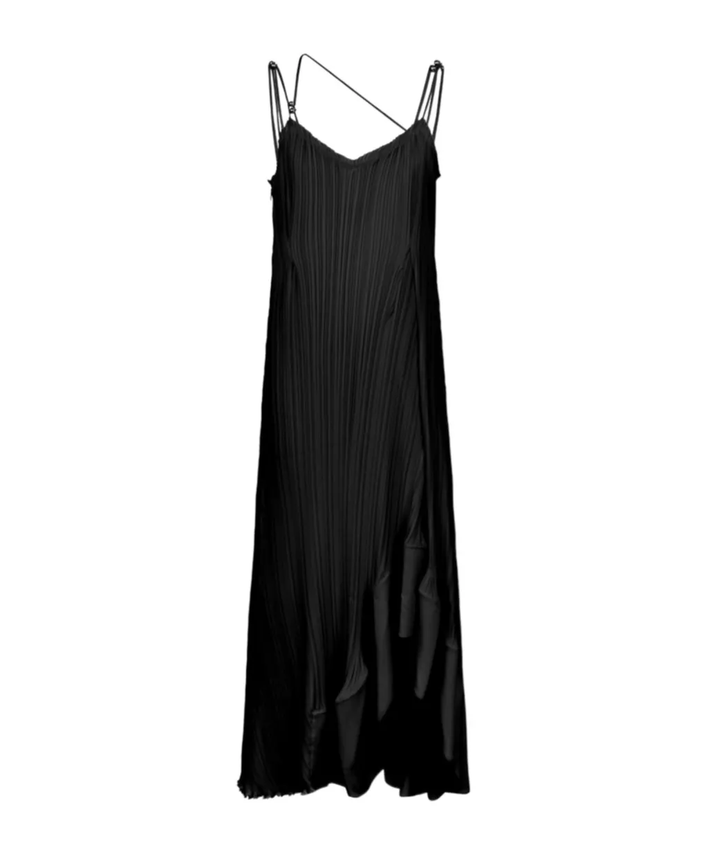 Pleated Asymmetric-Hem Sleeveless Midi Dress
