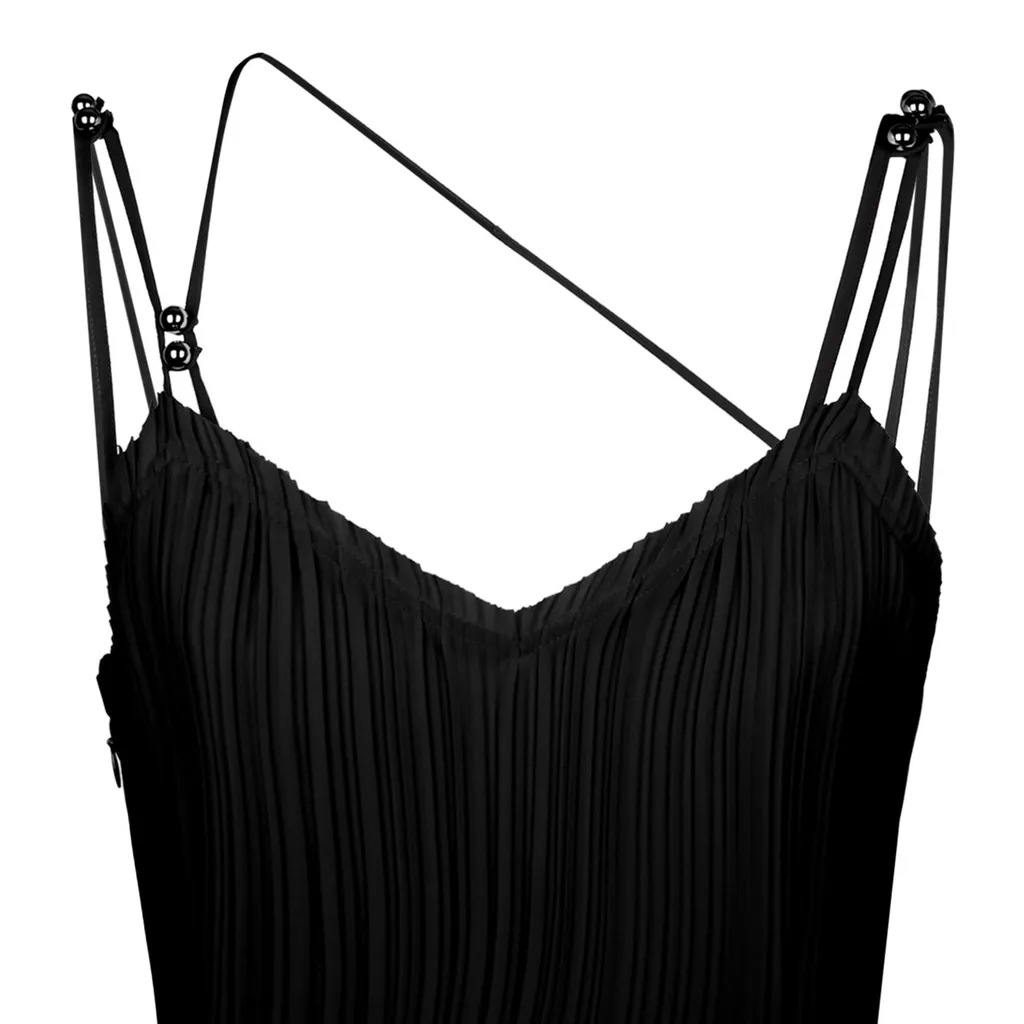 Pleated Asymmetric-Hem Sleeveless Midi Dress