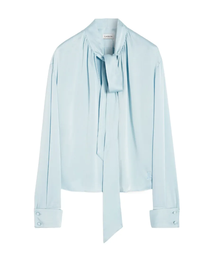 Ribbon-Fastened Long-Sleeved Satin Blouse
