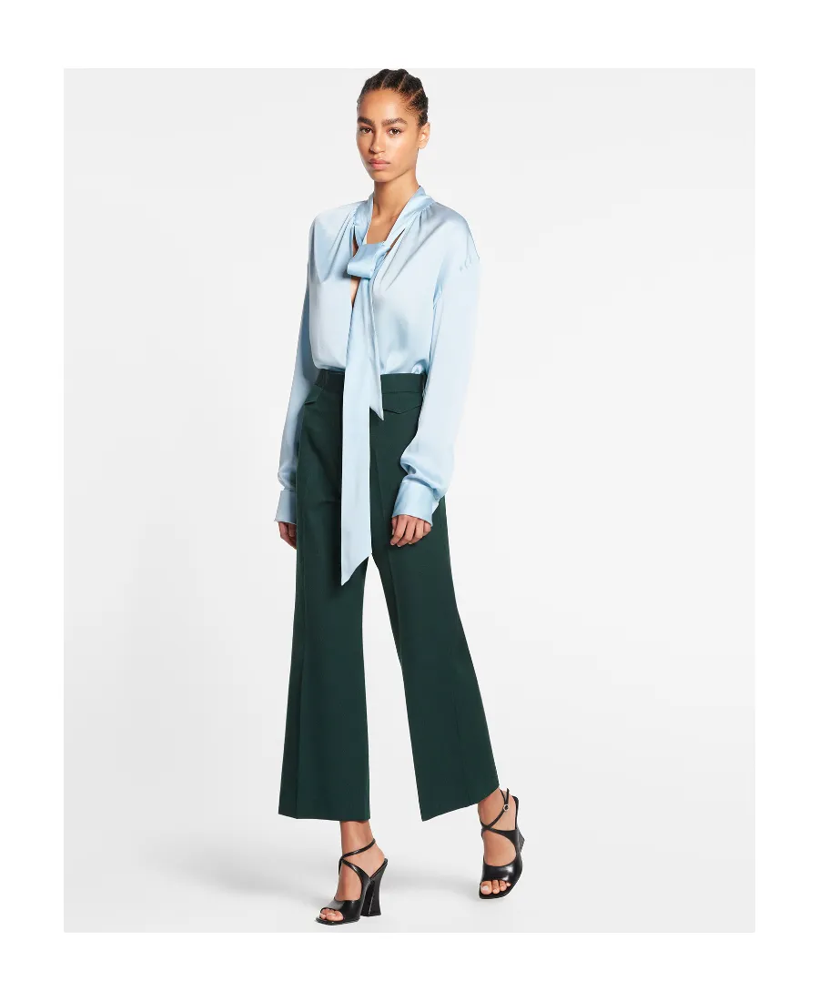 Ribbon-Fastened Long-Sleeved Satin Blouse