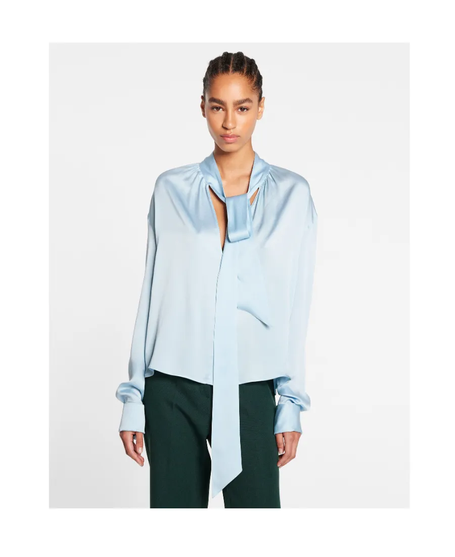 Ribbon-Fastened Long-Sleeved Satin Blouse