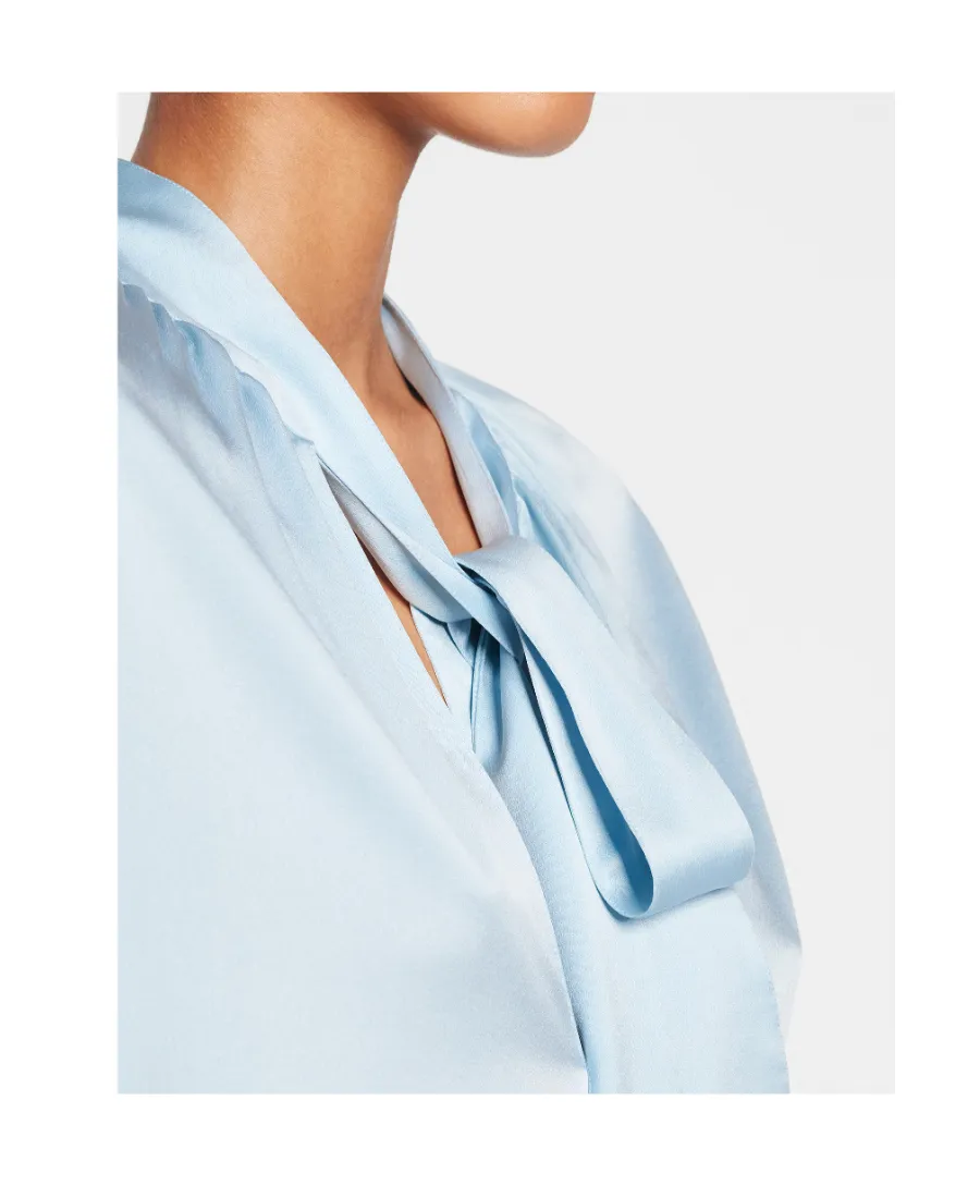 Ribbon-Fastened Long-Sleeved Satin Blouse