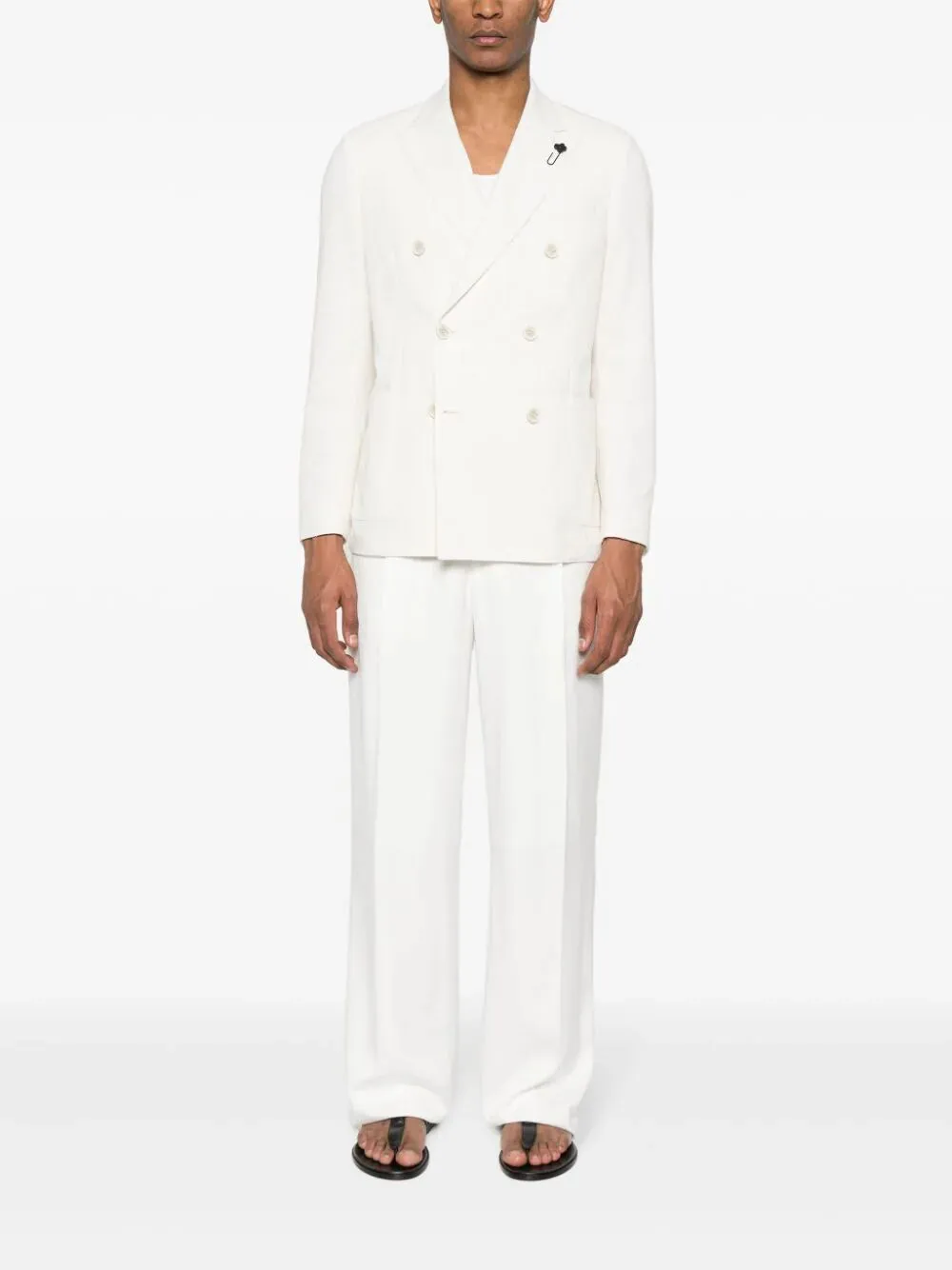 Floral-Brooch Double-Breasted Blazer