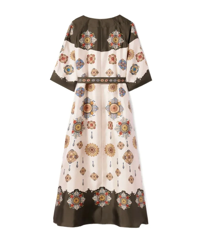 Placed Floral Print Silk Dress