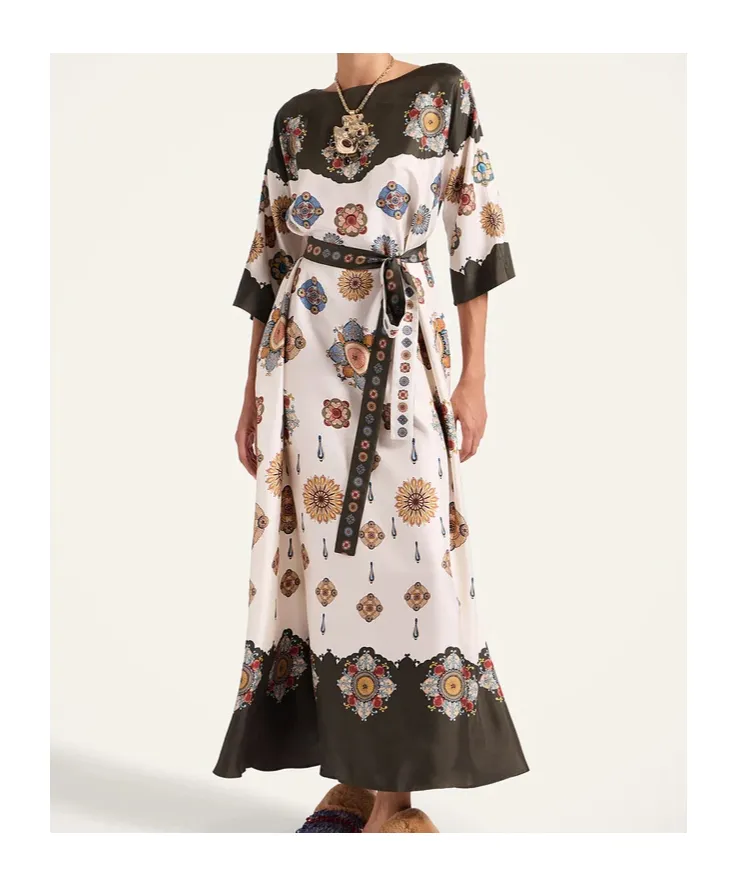 Placed Floral Print Silk Dress