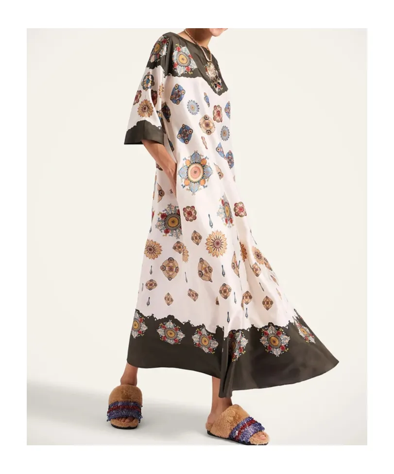 Placed Floral Print Silk Dress