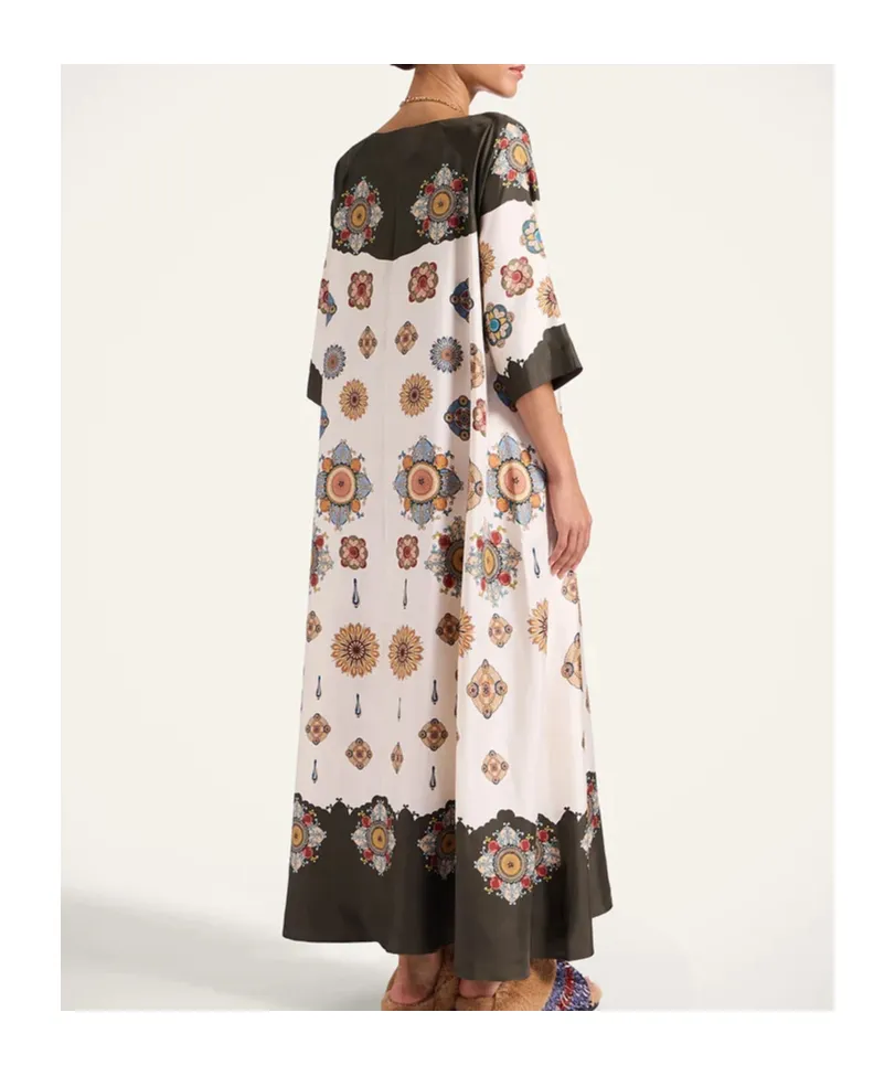 Placed Floral Print Silk Dress