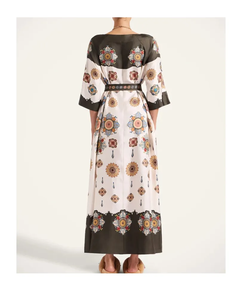 Placed Floral Print Silk Dress