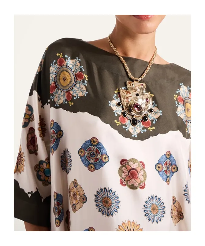 Placed Floral Print Silk Dress