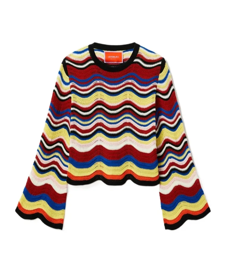 Wave-Pattern Bell-Sleeve Sweater