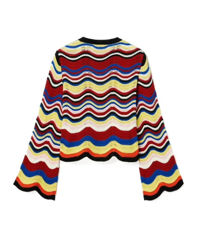 Wave-Pattern Bell-Sleeve Sweater