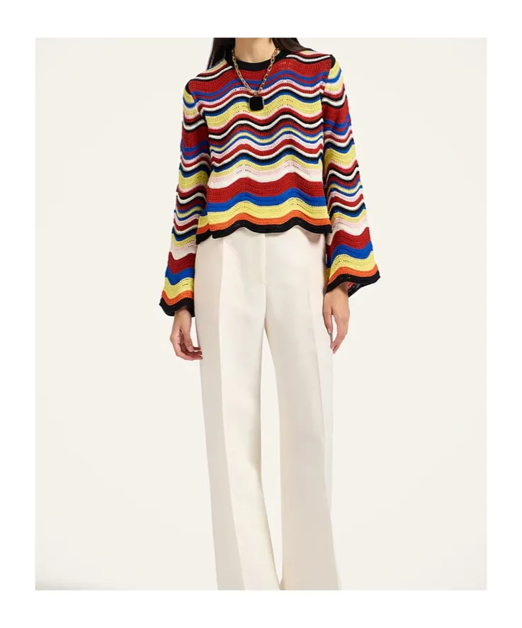 Wave-Pattern Bell-Sleeve Sweater