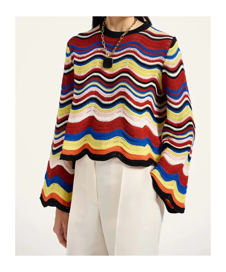 Wave-Pattern Bell-Sleeve Sweater