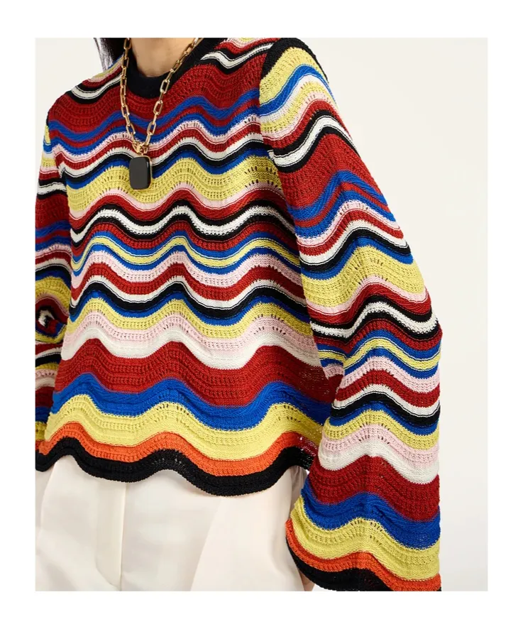 Wave-Pattern Bell-Sleeve Sweater