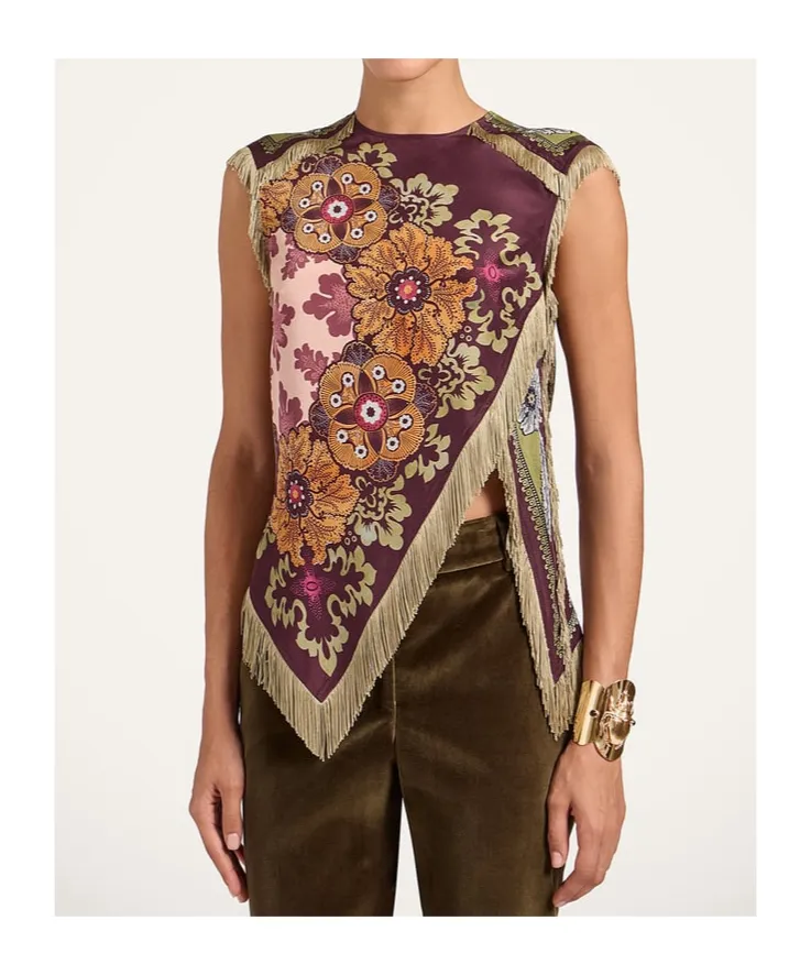 Floral-Print Fringed Scarf Top