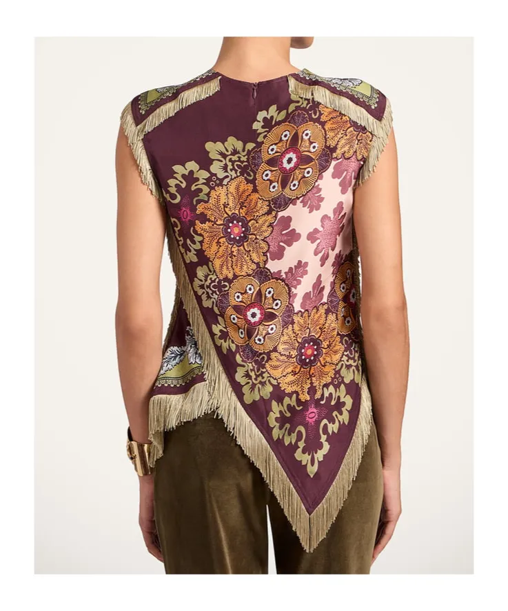 Floral-Print Fringed Scarf Top