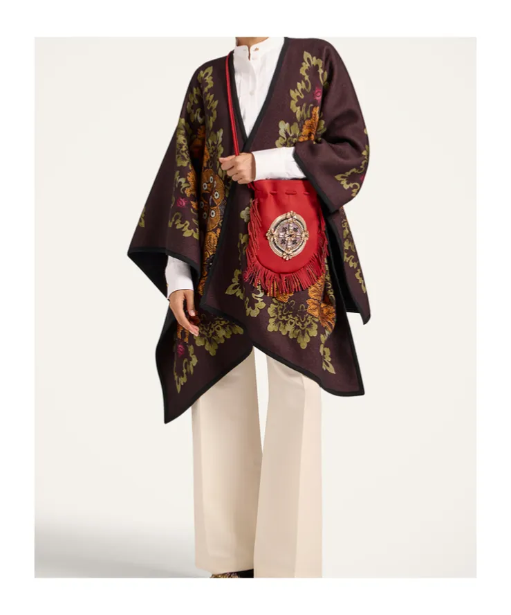 Floral-Patterned Wool Cape