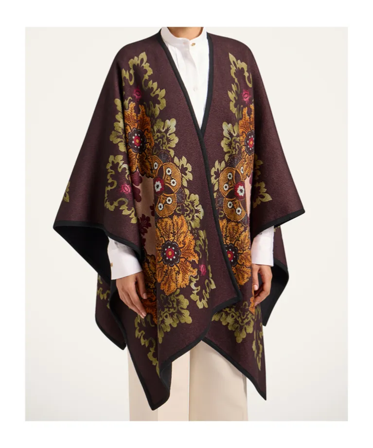 Floral-Patterned Wool Cape