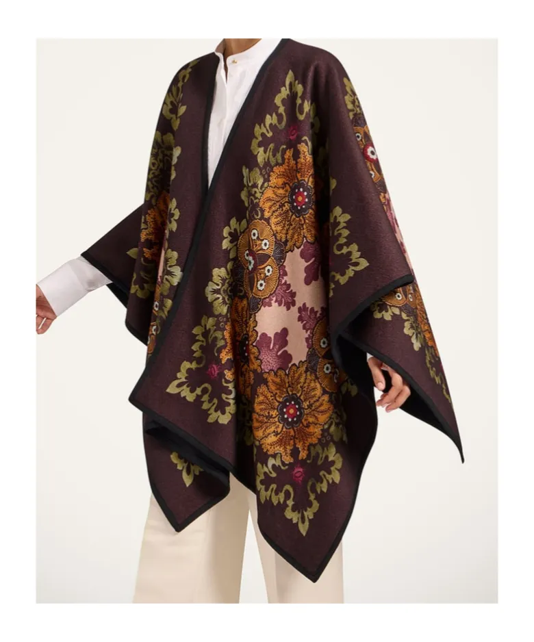 Floral-Patterned Wool Cape