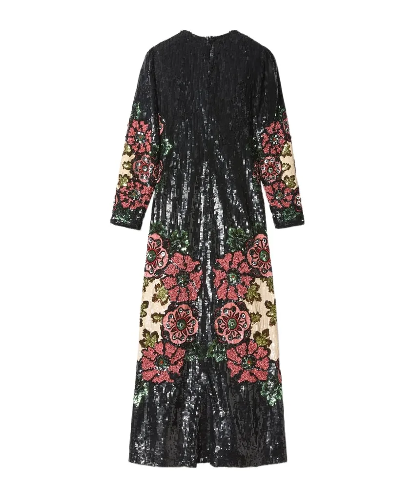 Sequin-Embroidery Floral-Pattern Maxi Dress