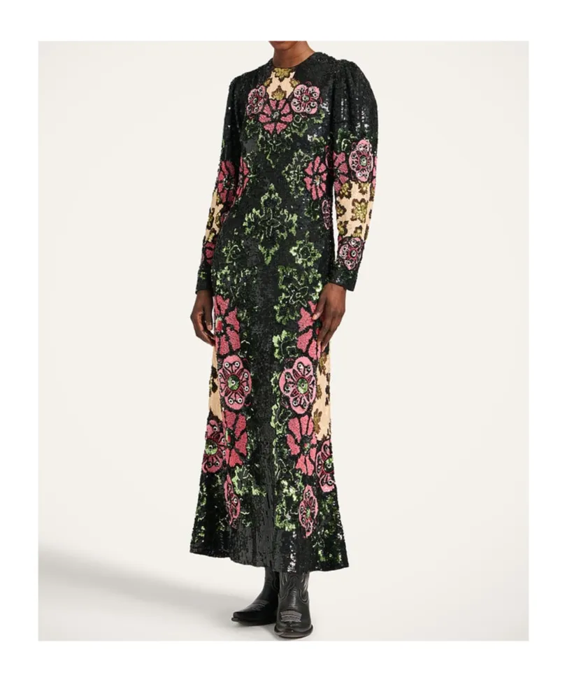 Sequin-Embroidery Floral-Pattern Maxi Dress
