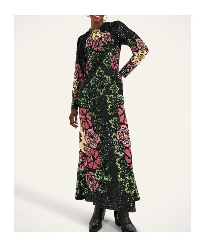 Sequin-Embroidery Floral-Pattern Maxi Dress