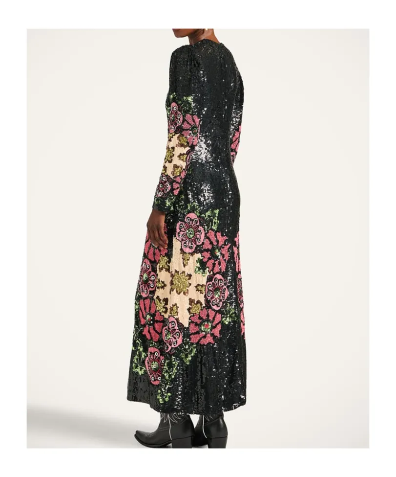 Sequin-Embroidery Floral-Pattern Maxi Dress