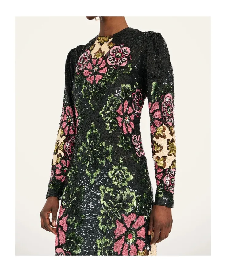 Sequin-Embroidery Floral-Pattern Maxi Dress