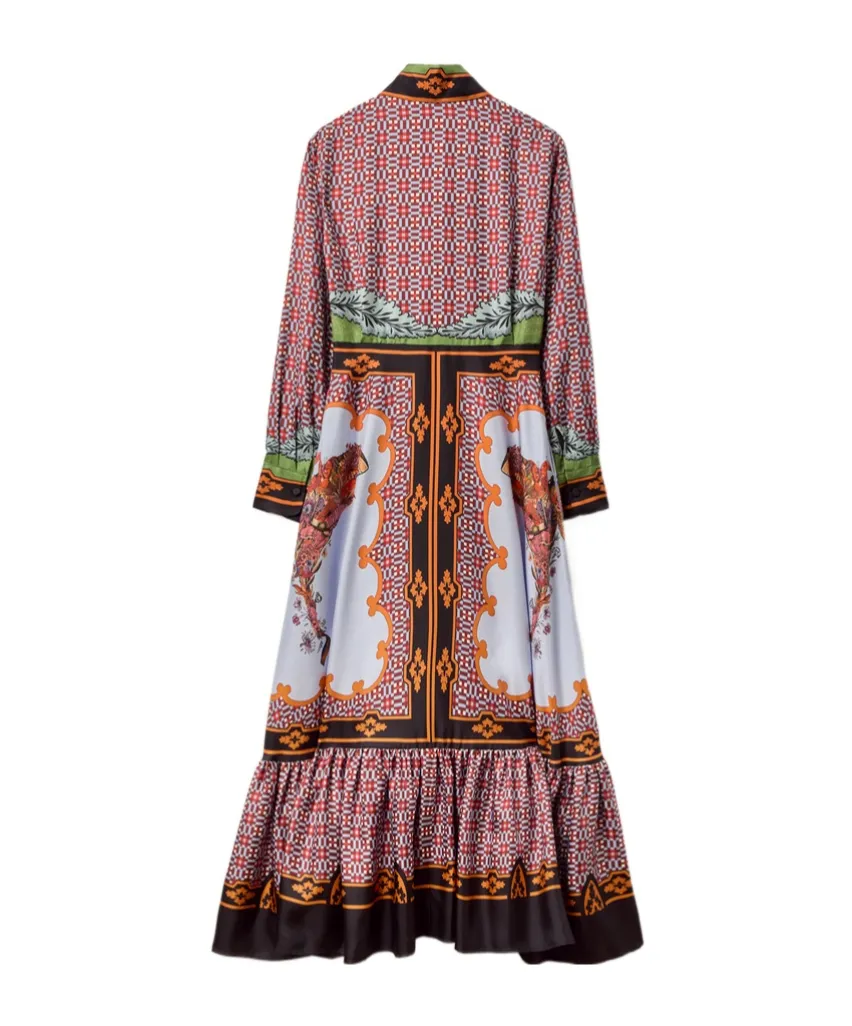 Long-Sleeved Patterned Silk Midi Day Dress