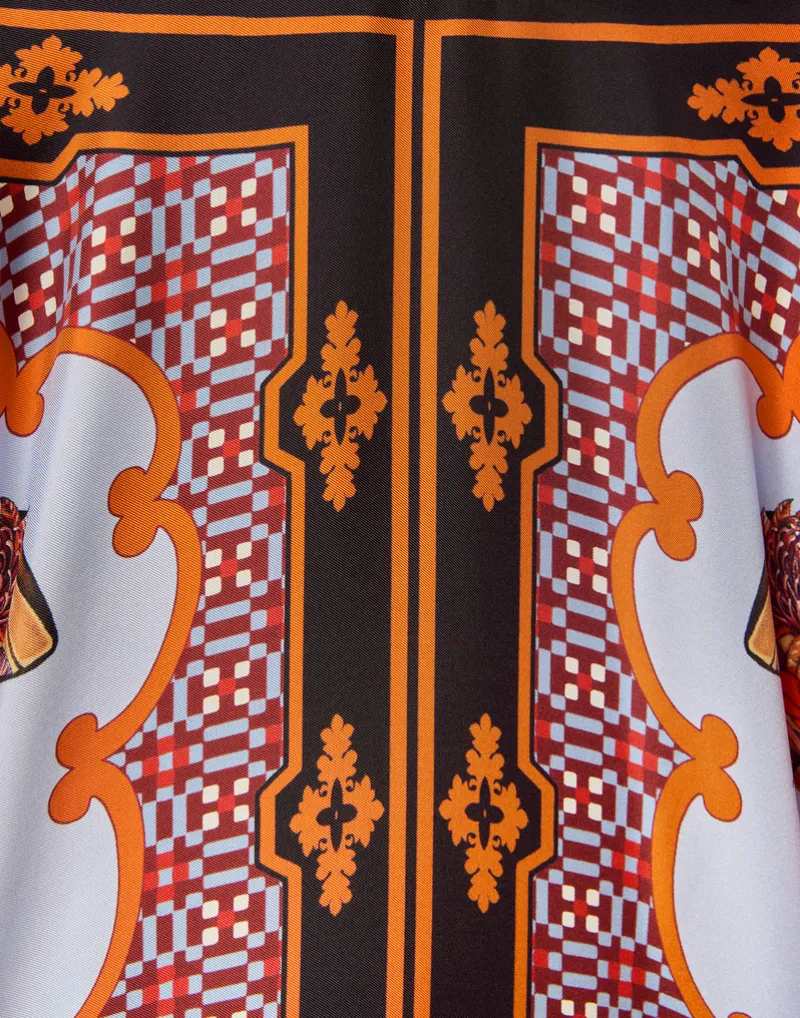 Long-Sleeved Patterned Silk Midi Day Dress