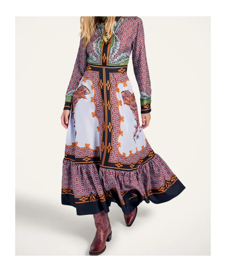 Long-Sleeved Patterned Silk Midi Day Dress