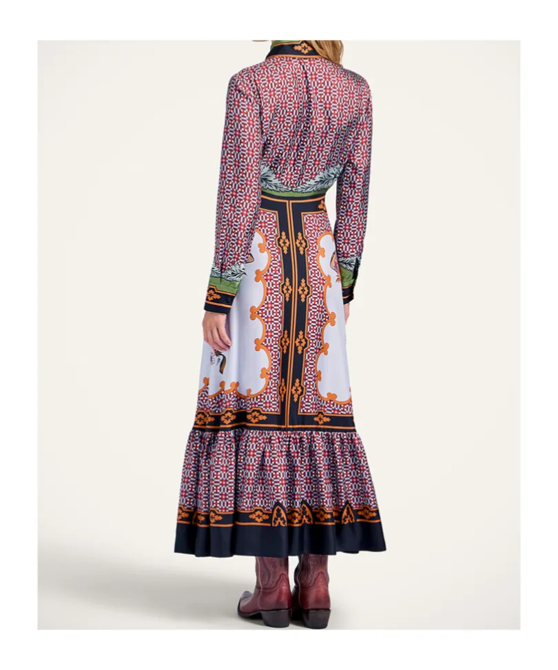 Long-Sleeved Patterned Silk Midi Day Dress