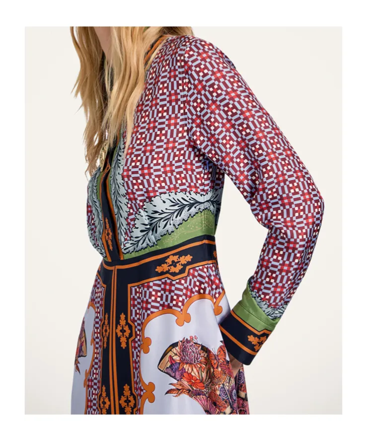 Long-Sleeved Patterned Silk Midi Day Dress