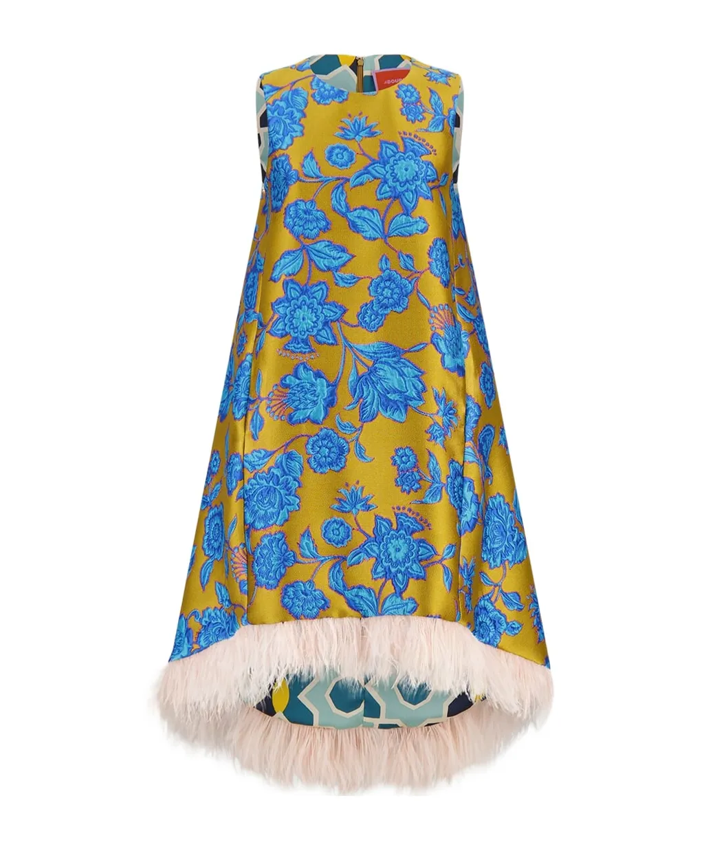 Feather-Trimmed Floral Dress