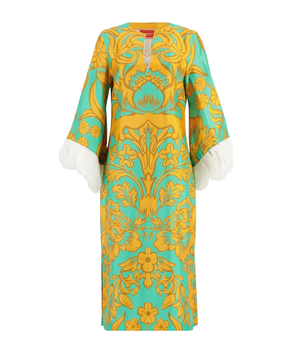 Floral-Print Feather-Trim Silk Kaftan