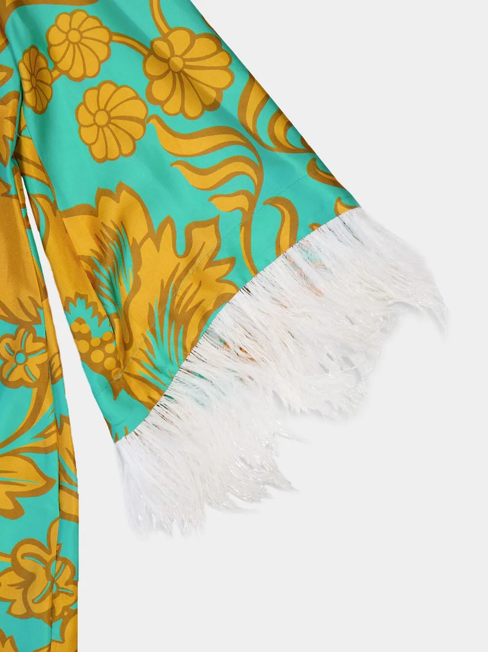 Floral-Print Feather-Trim Silk Kaftan
