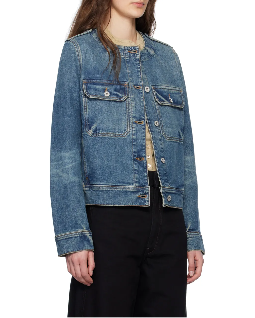 Buttoned Crewneck Denim Jacket