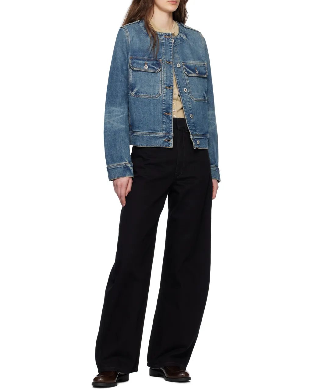 Buttoned Crewneck Denim Jacket