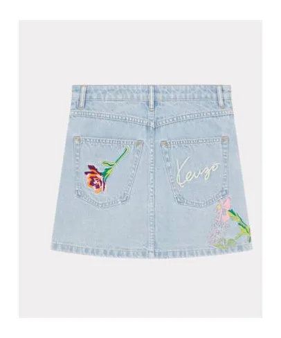 Floral Embroidered Buttoned Denim Mini Skirt