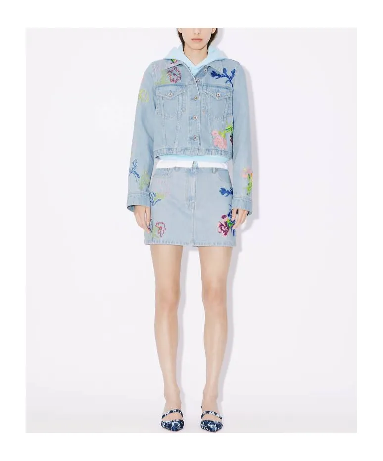 Floral Embroidered Buttoned Denim Mini Skirt
