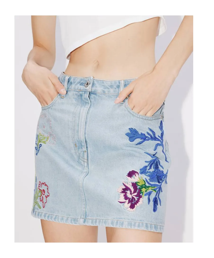Floral Embroidered Buttoned Denim Mini Skirt