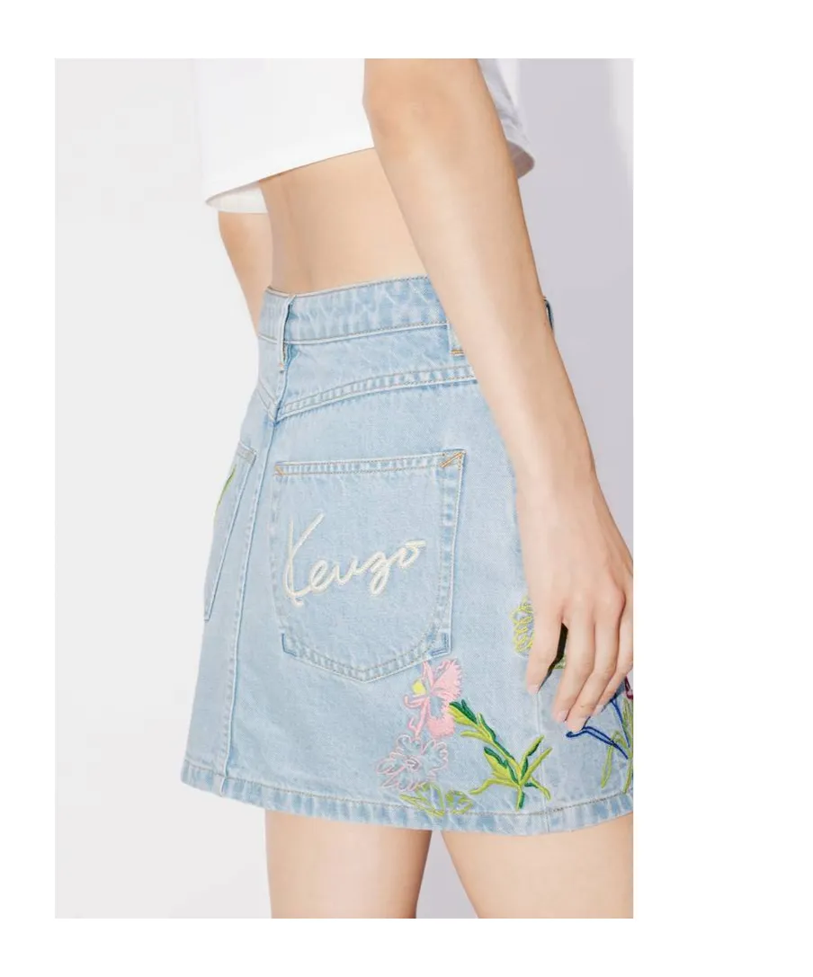 Floral Embroidered Buttoned Denim Mini Skirt