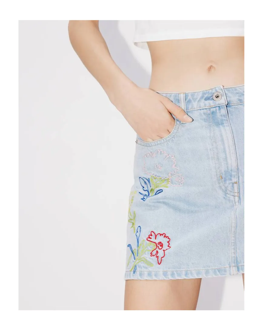 Floral Embroidered Buttoned Denim Mini Skirt